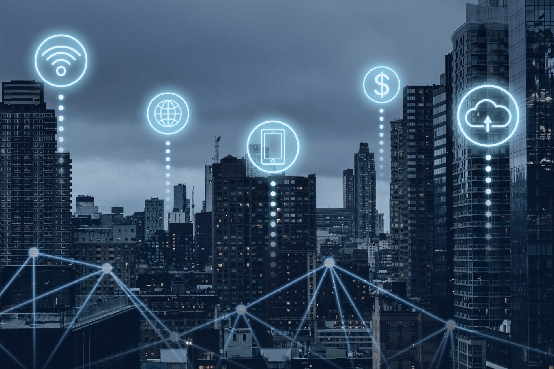 Futuristic smart city with 5G global network technology network